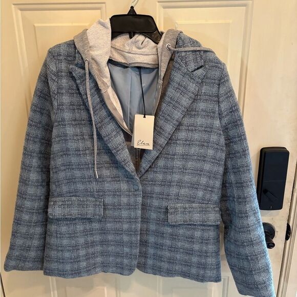 Elan Blue Plaid Long-Sleeve Layered Blazer Hoodie - Picture 3 of 8